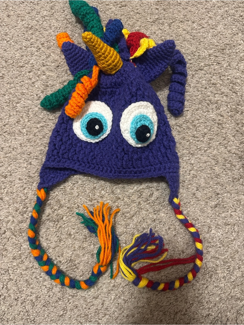 Kids Purple Crochet Unicon Hat with Colorful Horn, Curly Mane and Braids